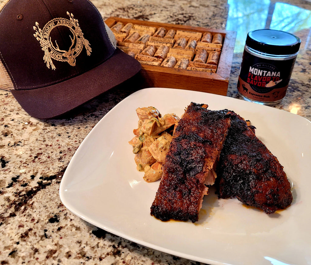 Espresso Rubbed Wild Boar Ribs with Huckleberry BBQ Sauce